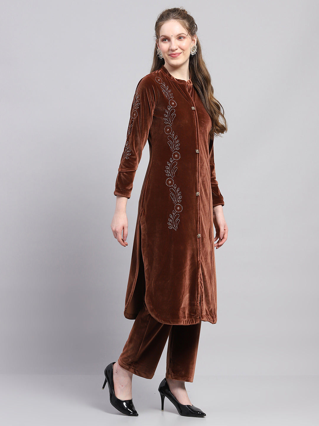 Women Brown Self Design Round Neck Full Sleeve Kurti Set