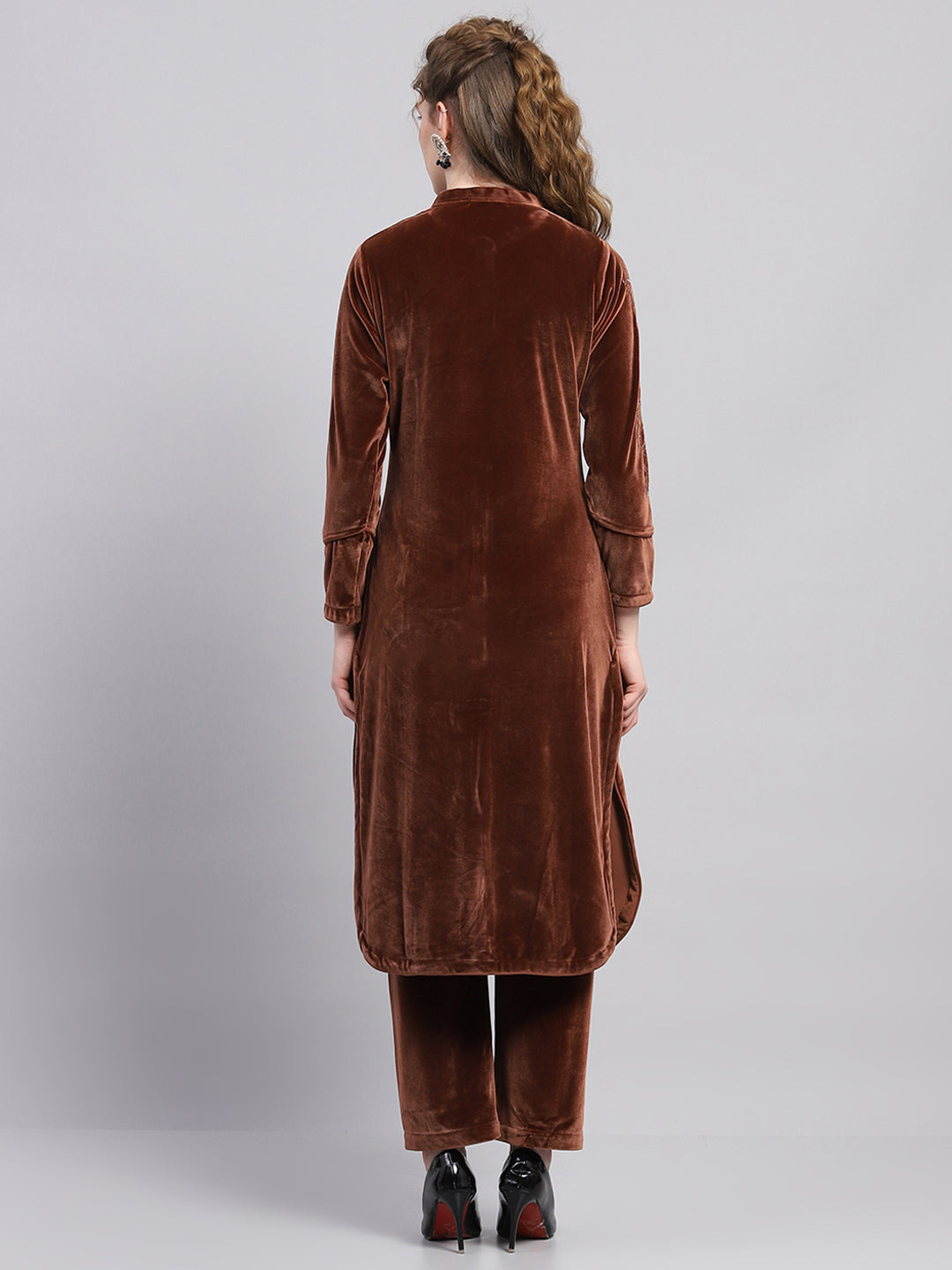 Women Brown Self Design Round Neck Full Sleeve Kurti Set