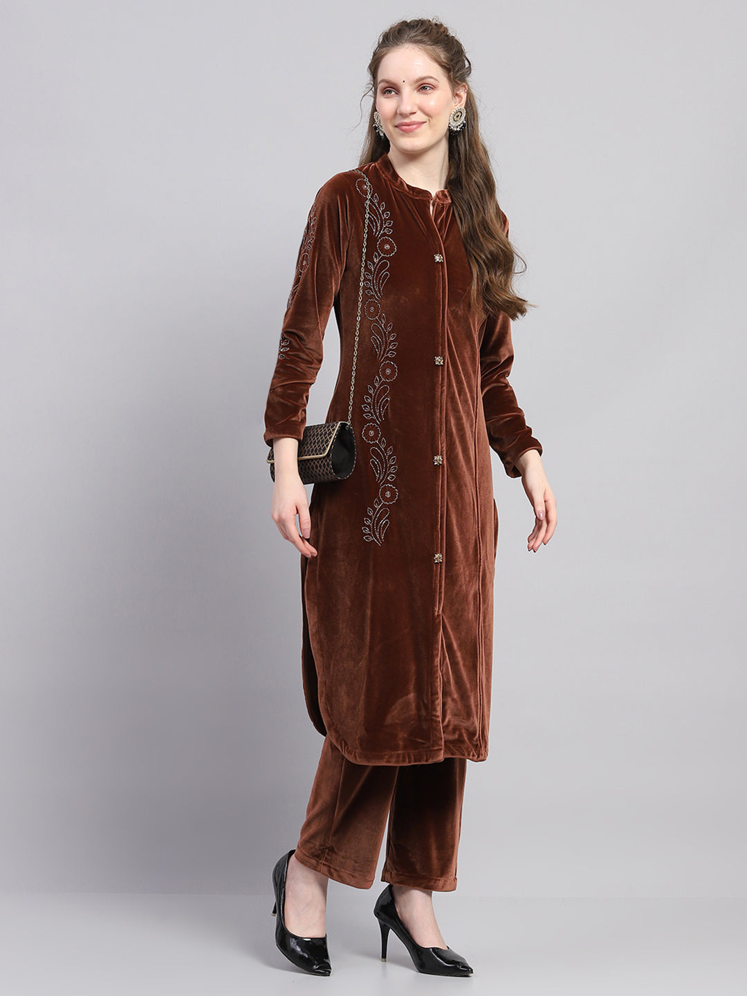 Women Brown Self Design Round Neck Full Sleeve Kurti Set