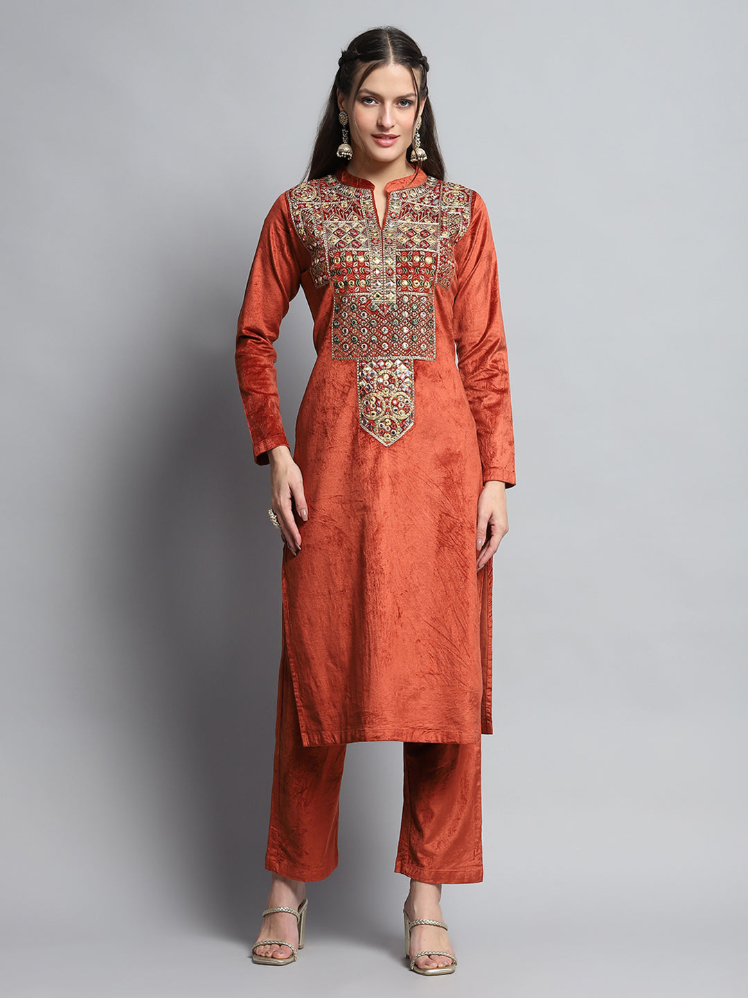 Women Rust Self Design Round Neck Full Sleeve Kurti Set for Winter