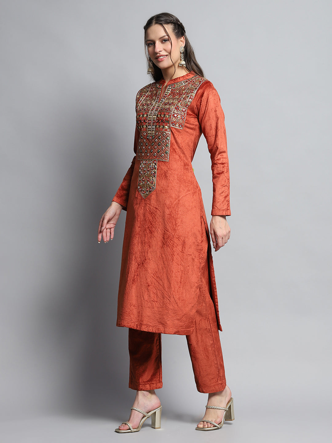 Women Rust Self Design Round Neck Full Sleeve Kurti Set for Winter