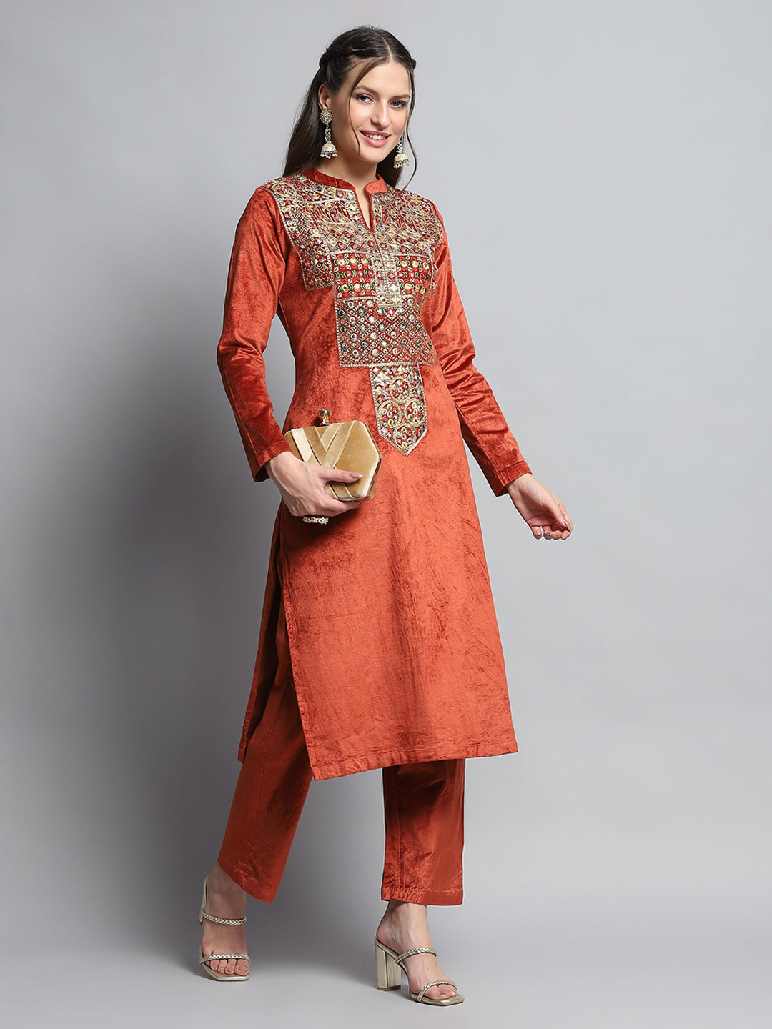 Women Rust Self Design Round Neck Full Sleeve Kurti Set for Winter