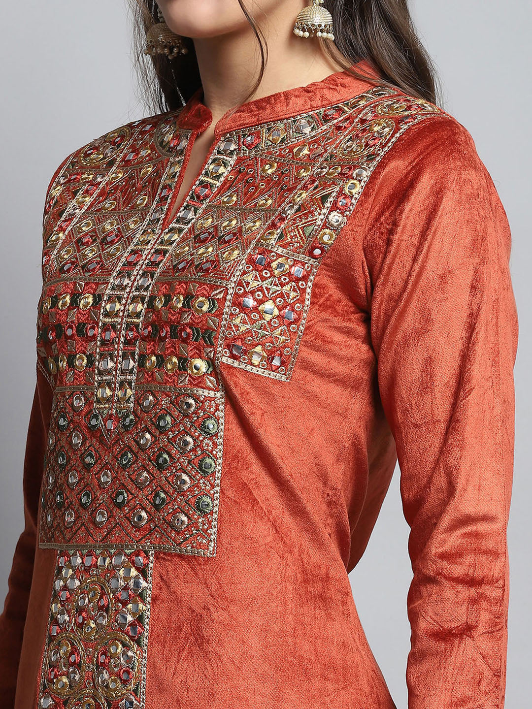 Women Rust Self Design Round Neck Full Sleeve Kurti Set for Winter