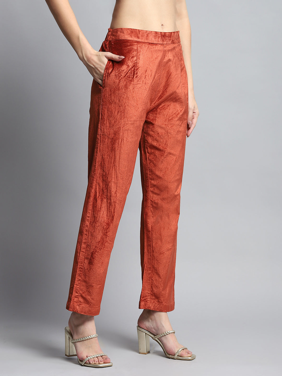 Women Rust Self Design Round Neck Full Sleeve Kurti Set for Winter