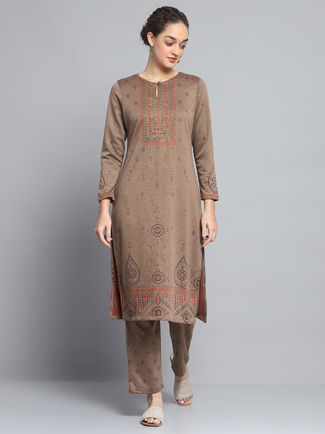 Women Brown Self Design Round Neck Full Sleeve Kurti Set for Winter