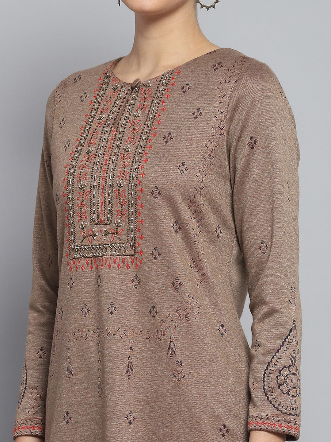 Women Brown Self Design Round Neck Full Sleeve Kurti Set for Winter