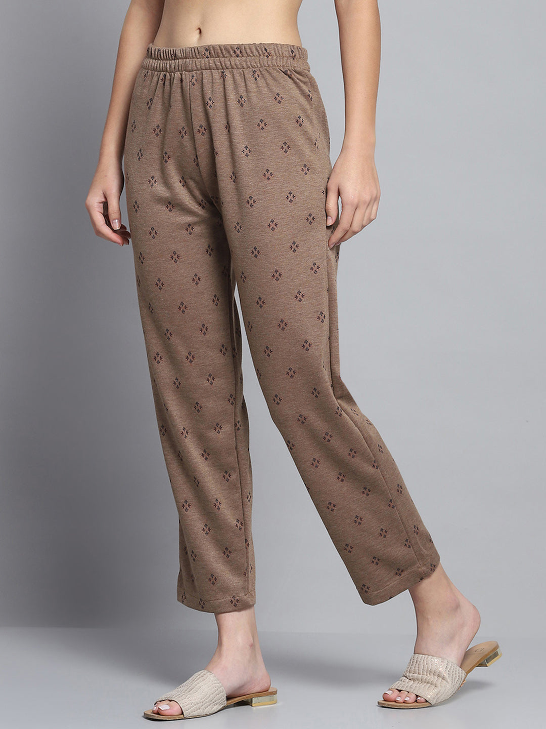 Women Brown Self Design Round Neck Full Sleeve Kurti Set for Winter