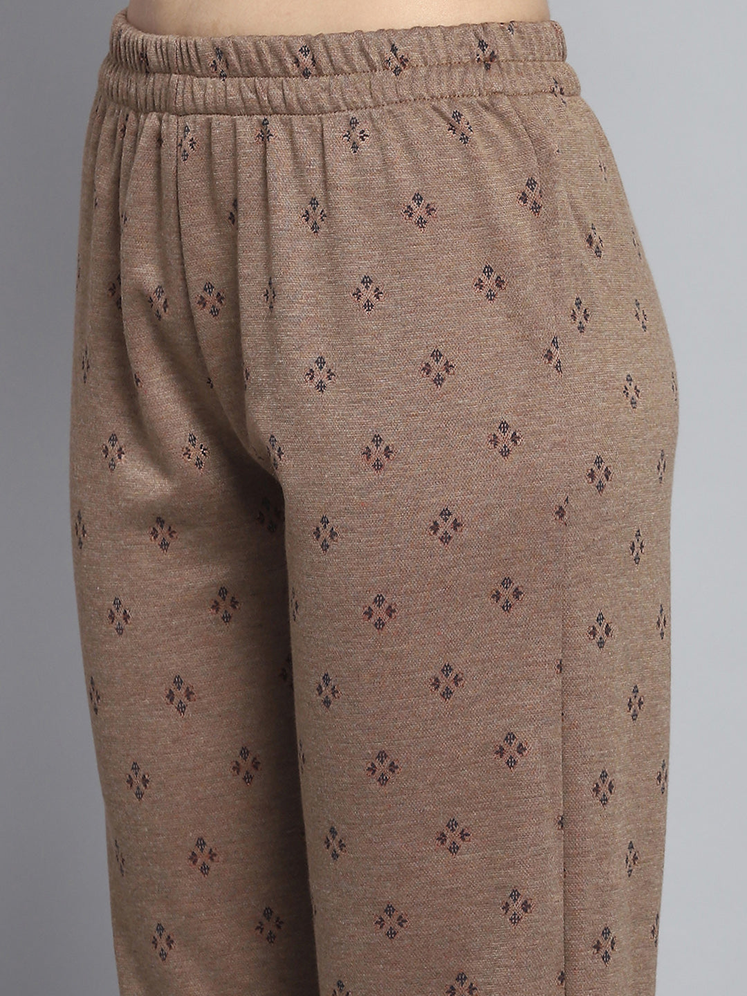 Women Brown Self Design Round Neck Full Sleeve Kurti Set for Winter