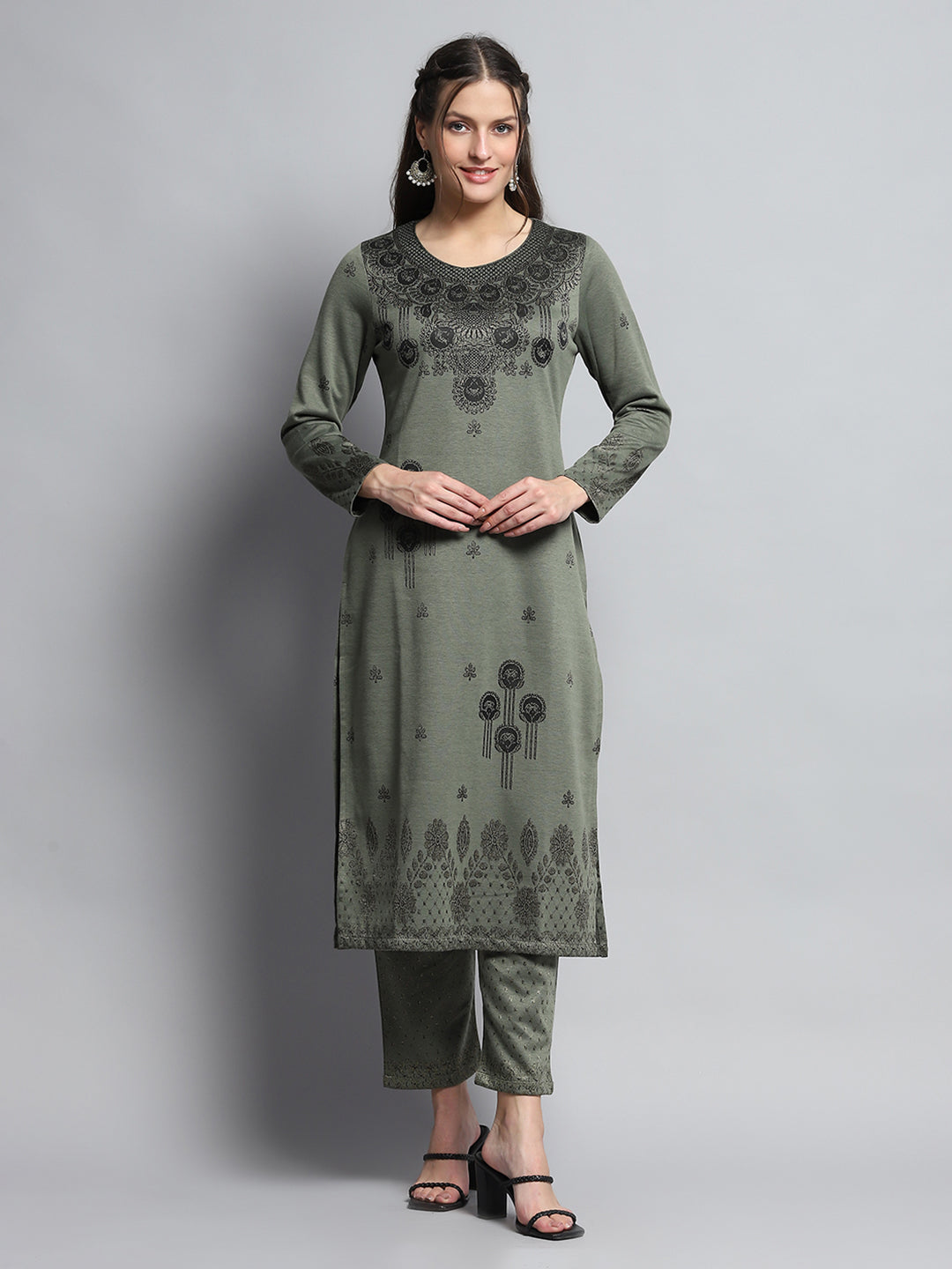Women Olive Self Design Round Neck Full Sleeve Kurti Set for Winter