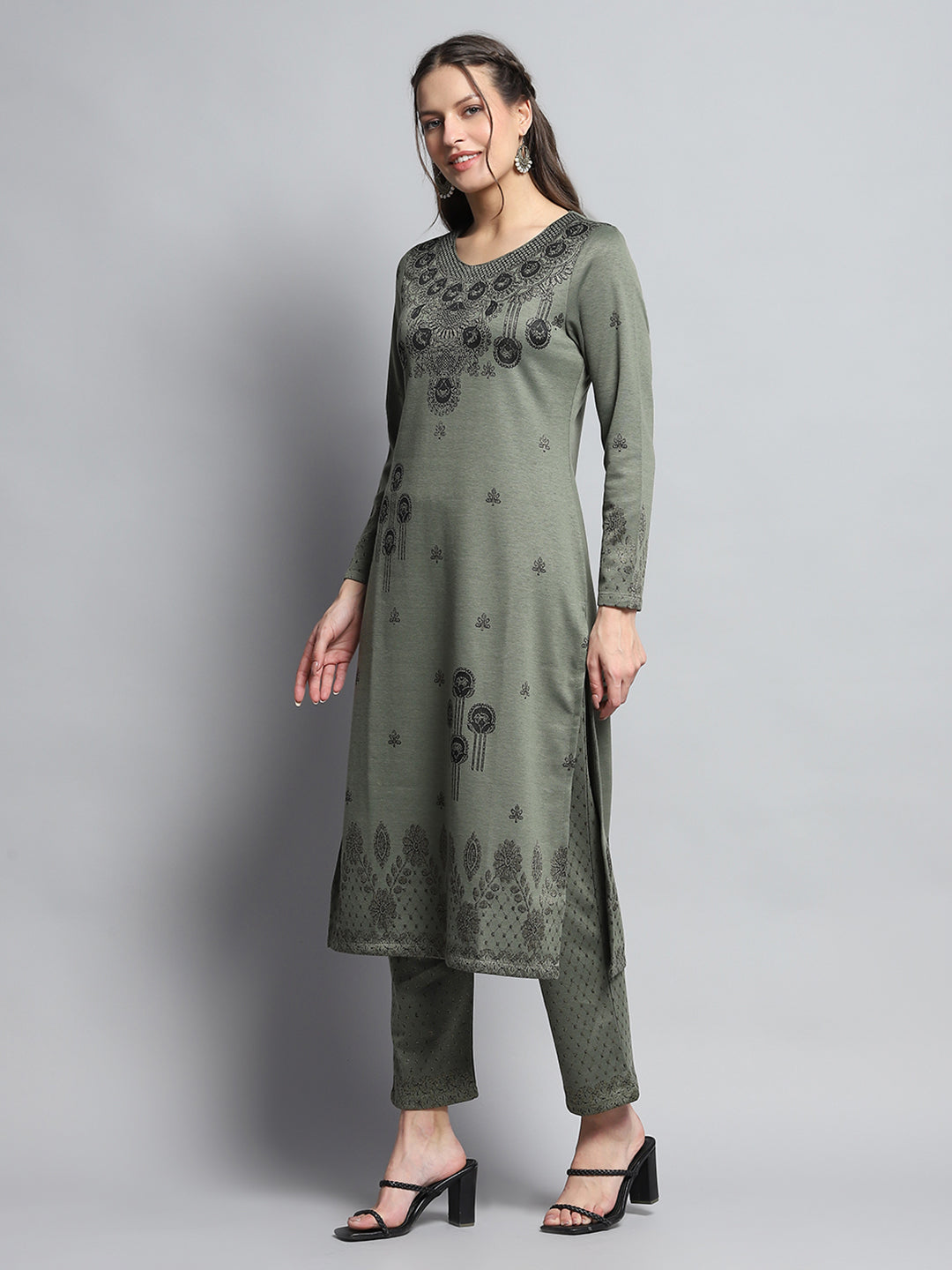 Women Olive Self Design Round Neck Full Sleeve Kurti Set for Winter