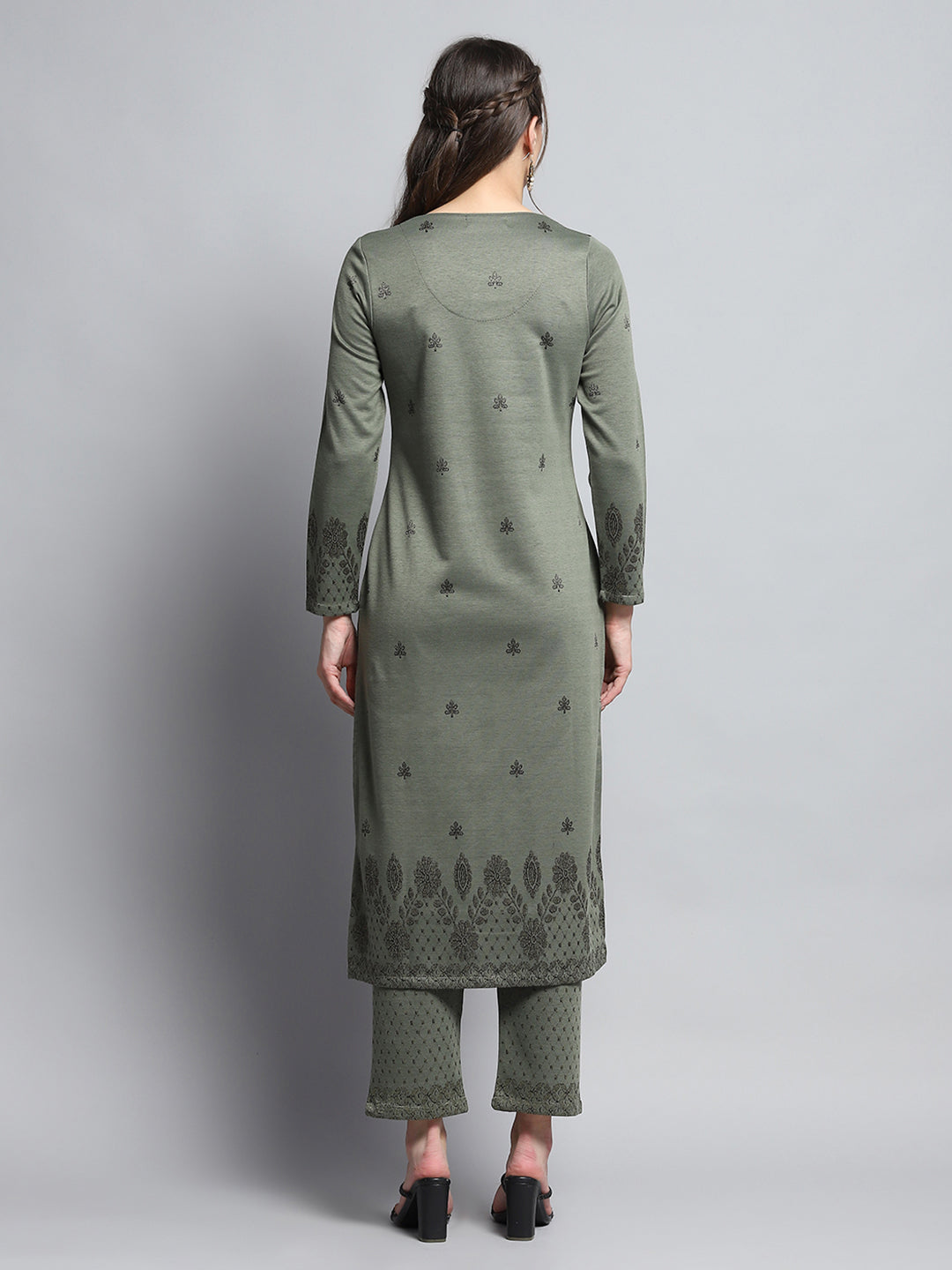 Women Olive Self Design Round Neck Full Sleeve Kurti Set for Winter