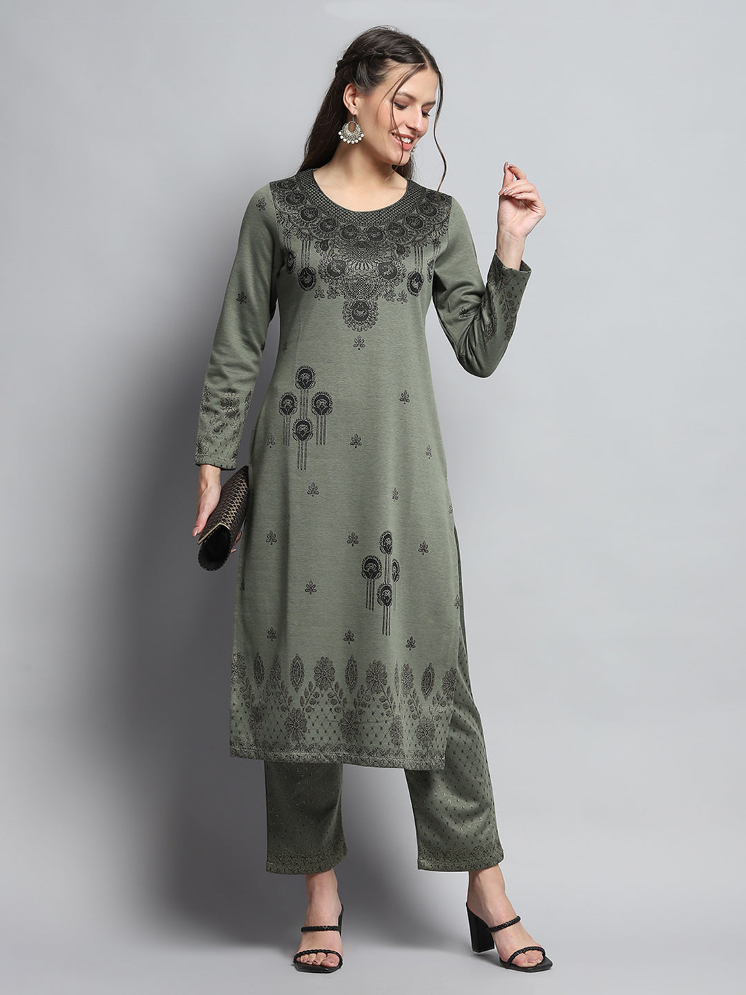 Women Olive Self Design Round Neck Full Sleeve Kurti Set for Winter