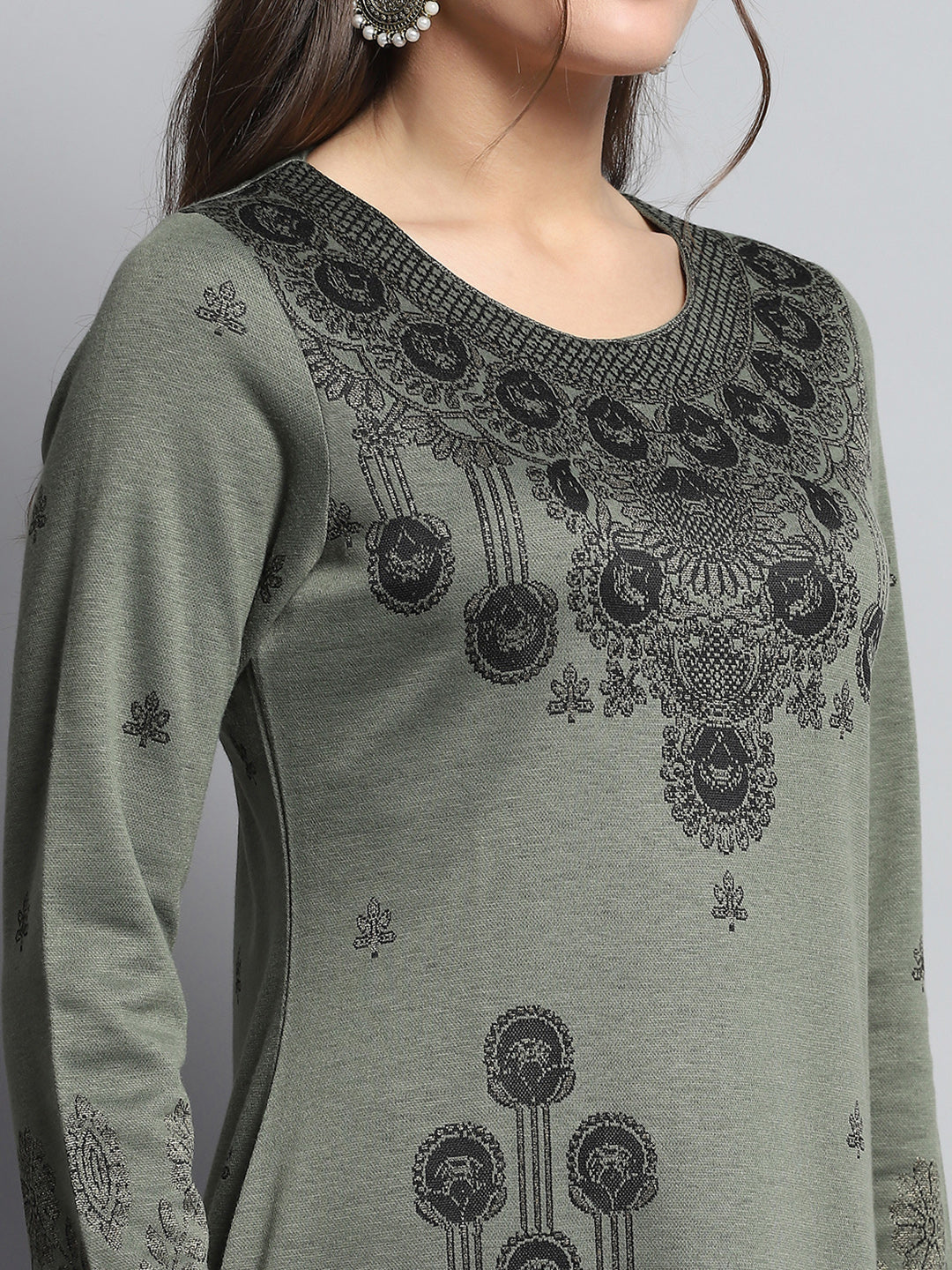 Women Olive Self Design Round Neck Full Sleeve Kurti Set for Winter