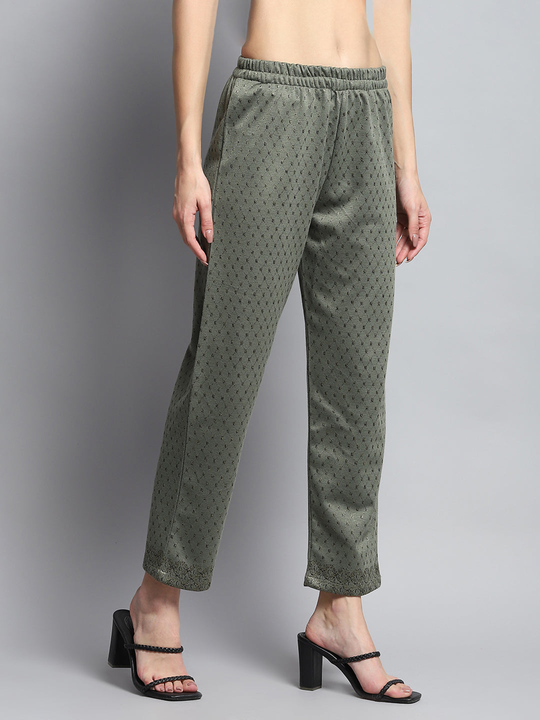 Women Olive Self Design Round Neck Full Sleeve Kurti Set for Winter