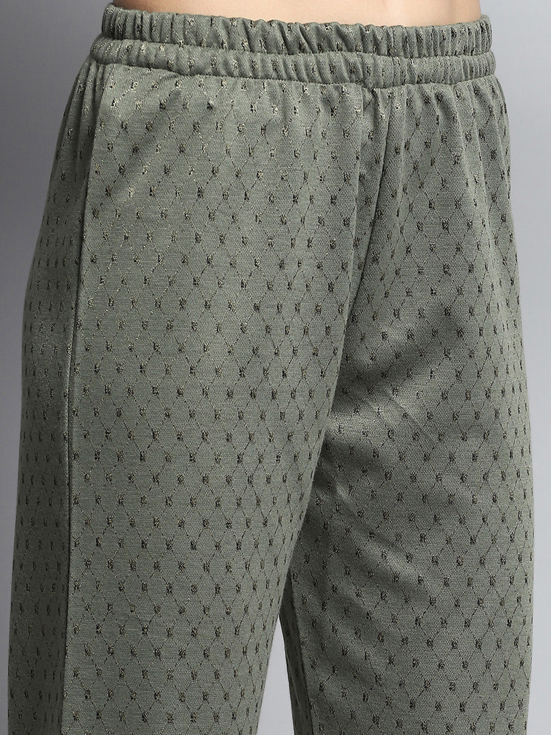 Women Olive Self Design Round Neck Full Sleeve Kurti Set for Winter