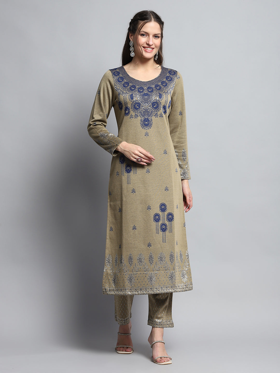 Women Beige Self Design Round Neck Full Sleeve Kurti Set for Winter