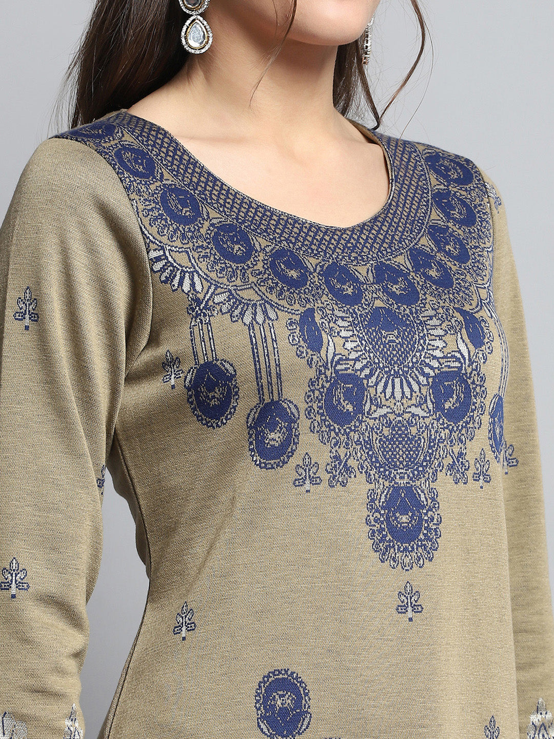 Women Beige Self Design Round Neck Full Sleeve Kurti Set for Winter