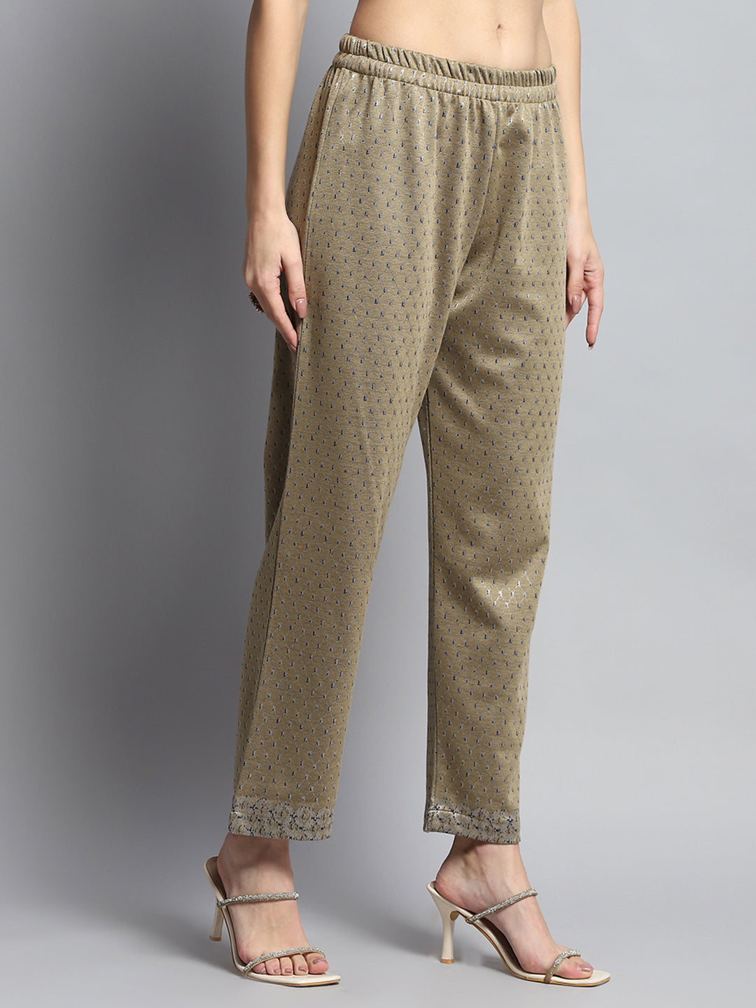 Women Beige Self Design Round Neck Full Sleeve Kurti Set for Winter