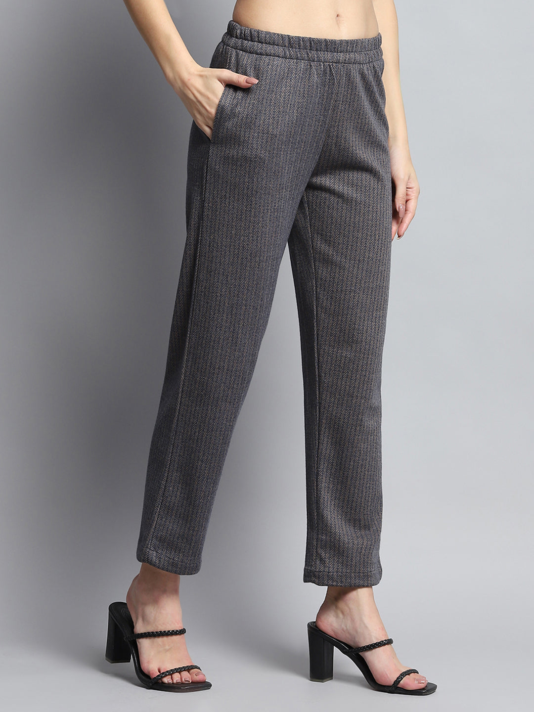 Women Navy Blue Self Design Round Neck Full Sleeve Kurti Set for Winter