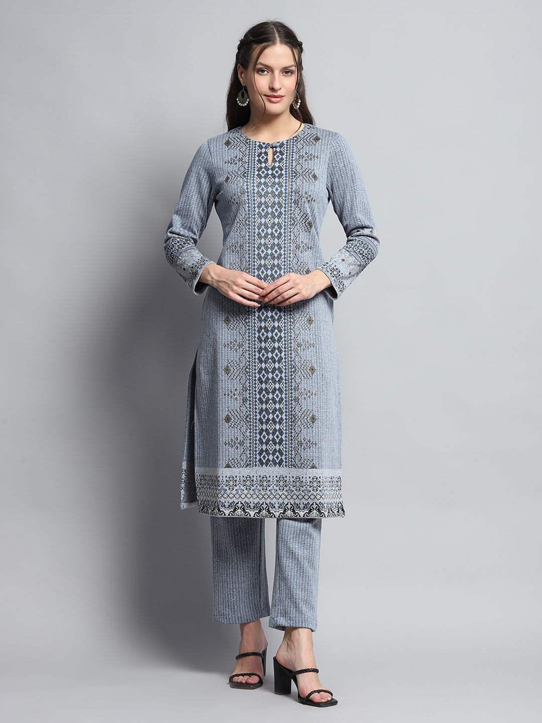 Women Blue Self Design Round Neck Full Sleeve Kurti Set for Winter