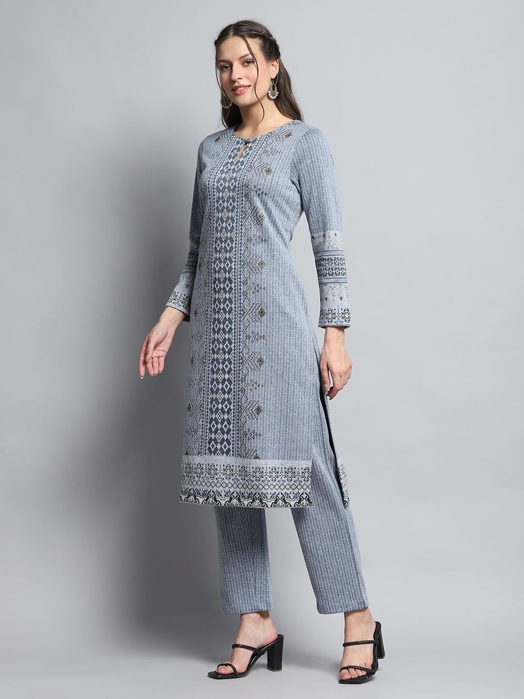 Women Blue Self Design Round Neck Full Sleeve Kurti Set for Winter