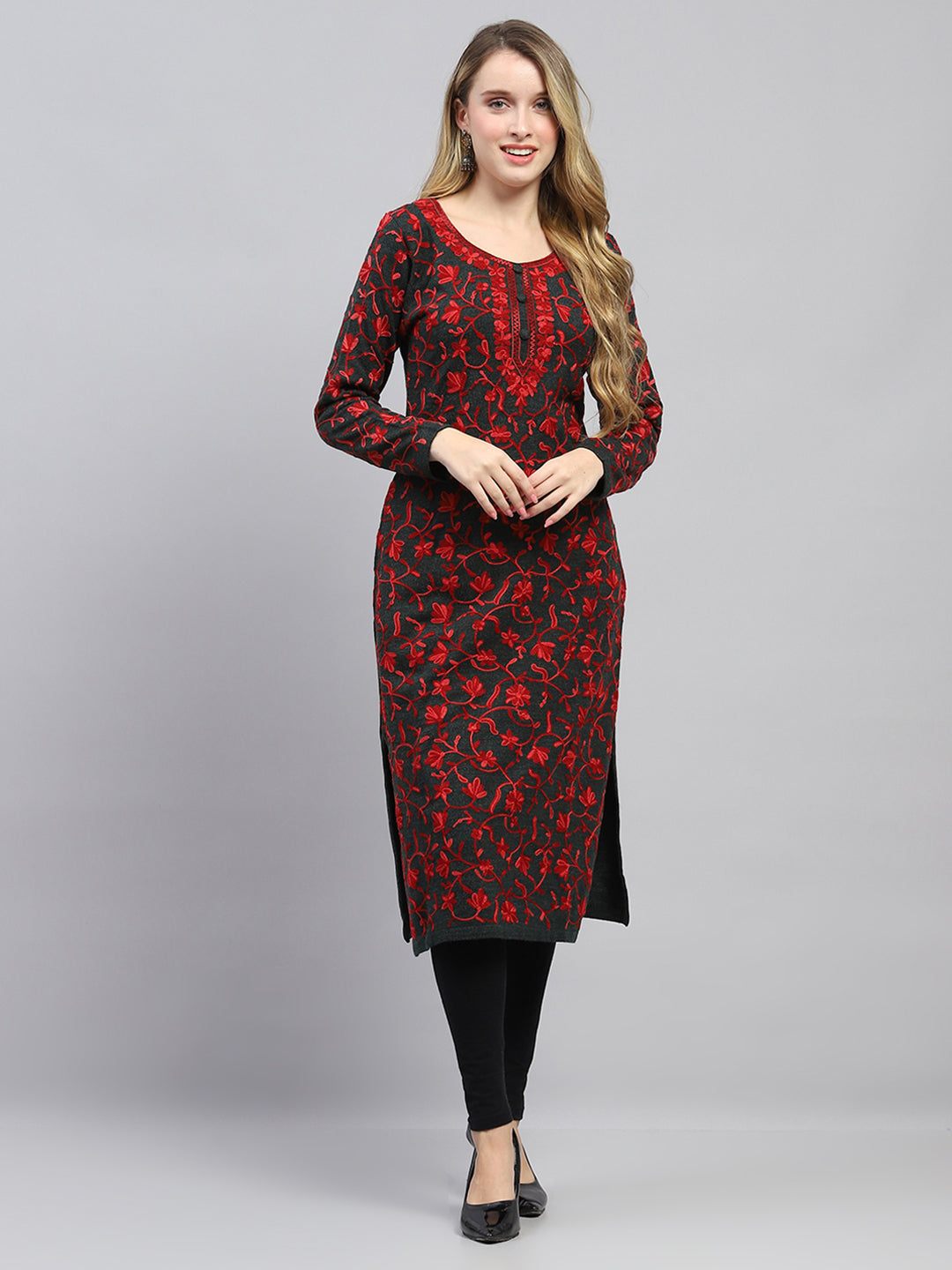Women Brown Woven Design Round Neck Full Sleeve Winter Kurti