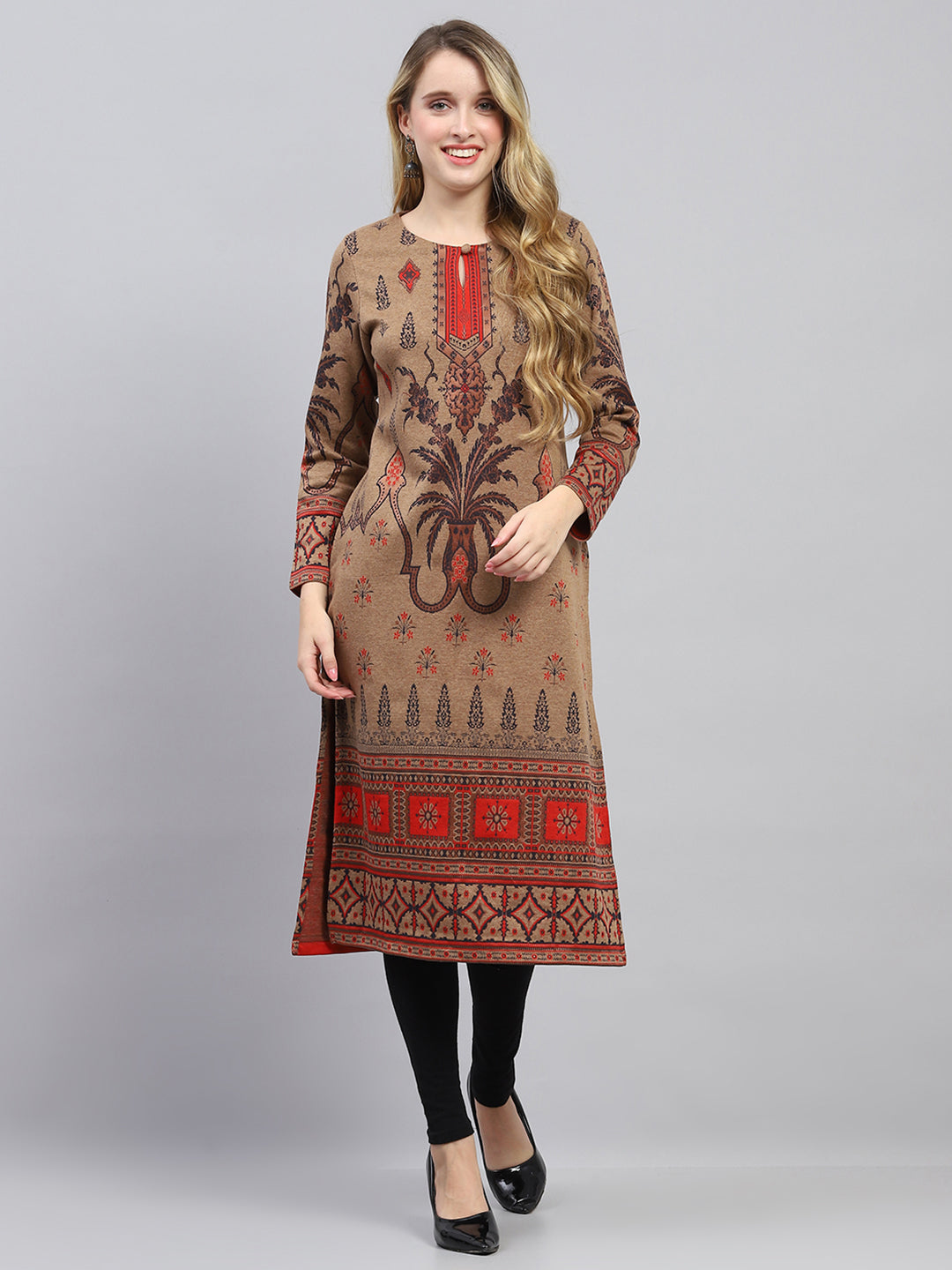 Women Camel Brown Self Design Round Neck Full Sleeve Winter Kurti