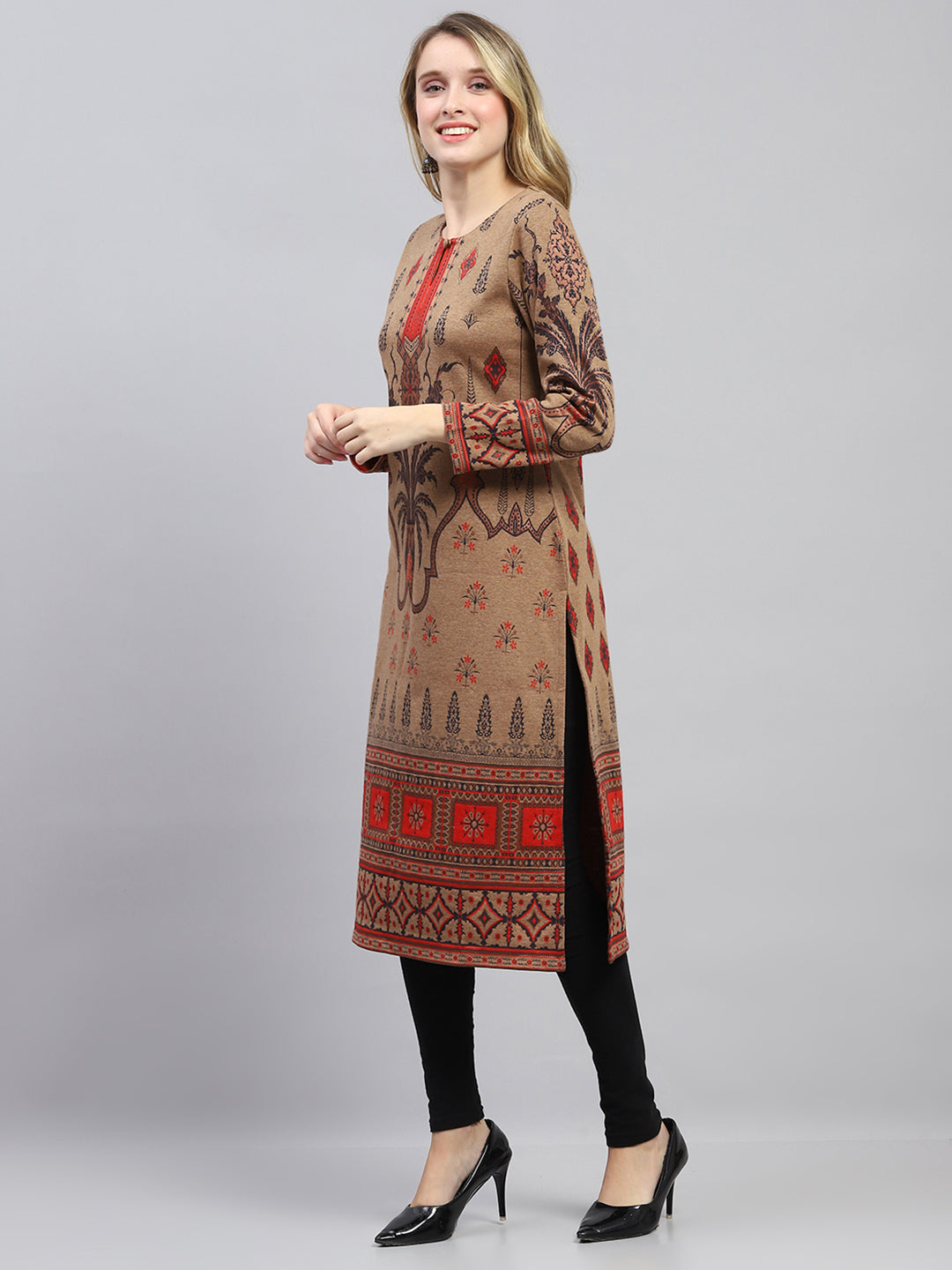Women Camel Brown Self Design Round Neck Full Sleeve Winter Kurti