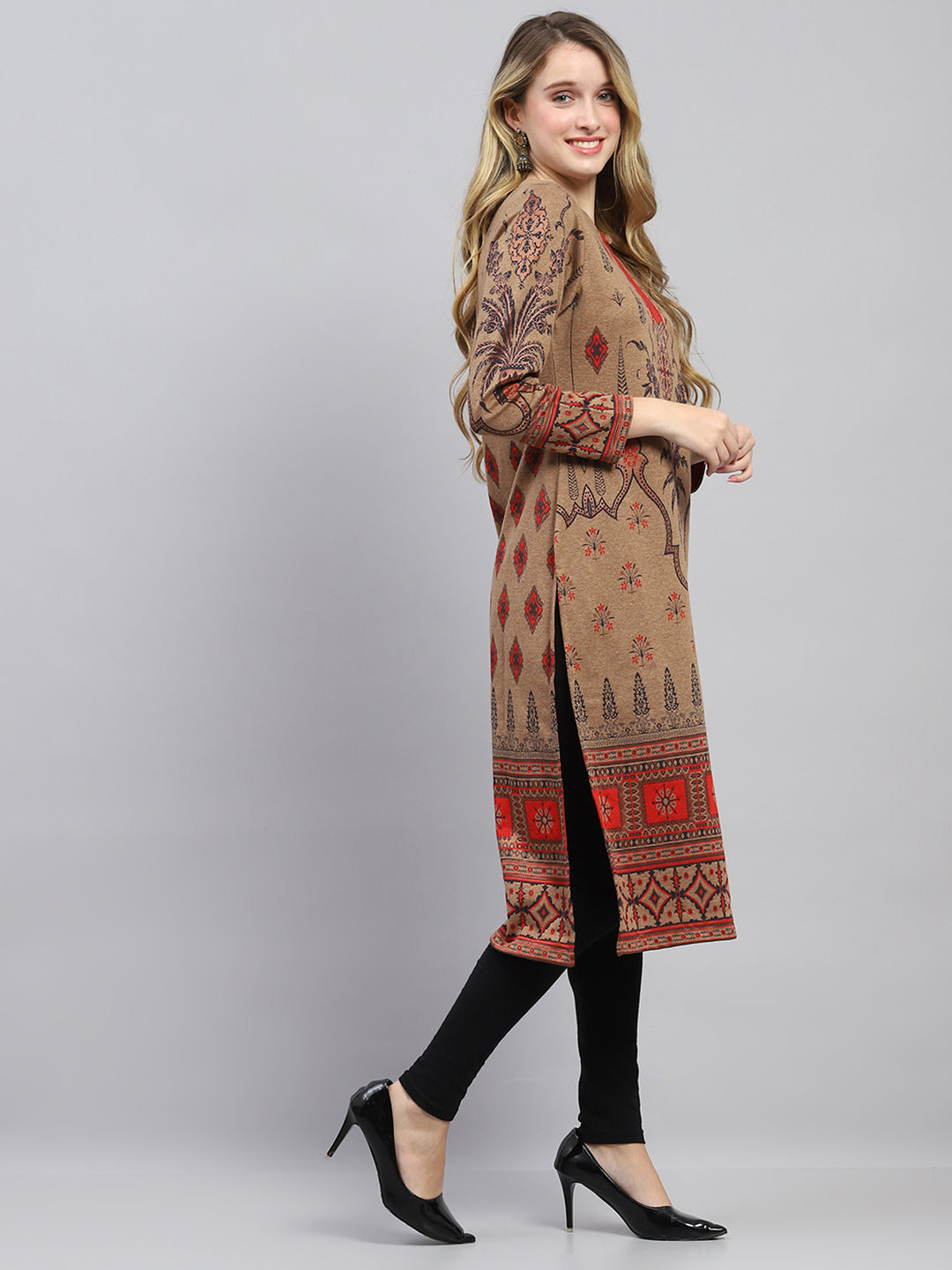 Women Camel Brown Self Design Round Neck Full Sleeve Winter Kurti