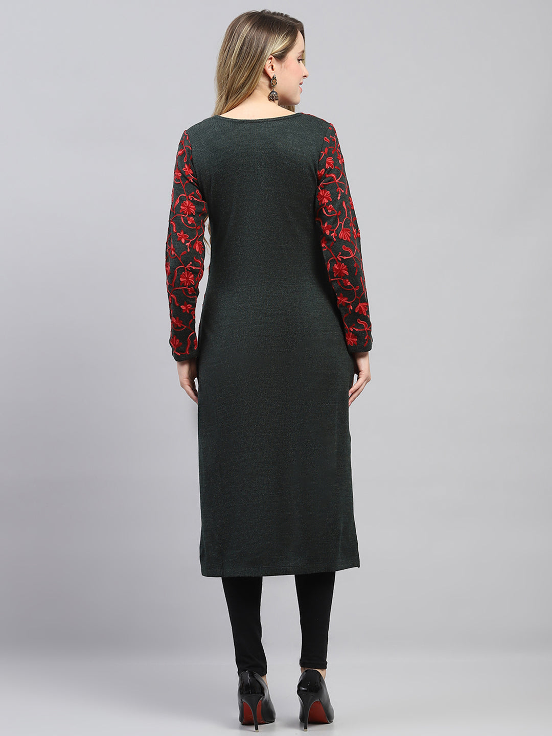 Women Brown Woven Design Round Neck Full Sleeve Winter Kurti