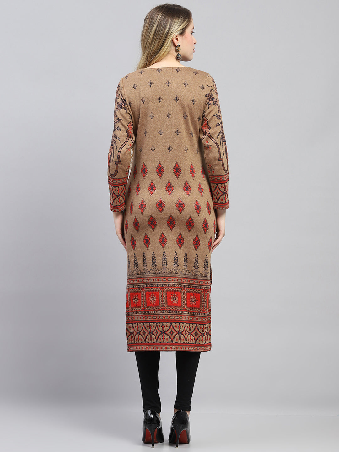 Women Camel Brown Self Design Round Neck Full Sleeve Winter Kurti