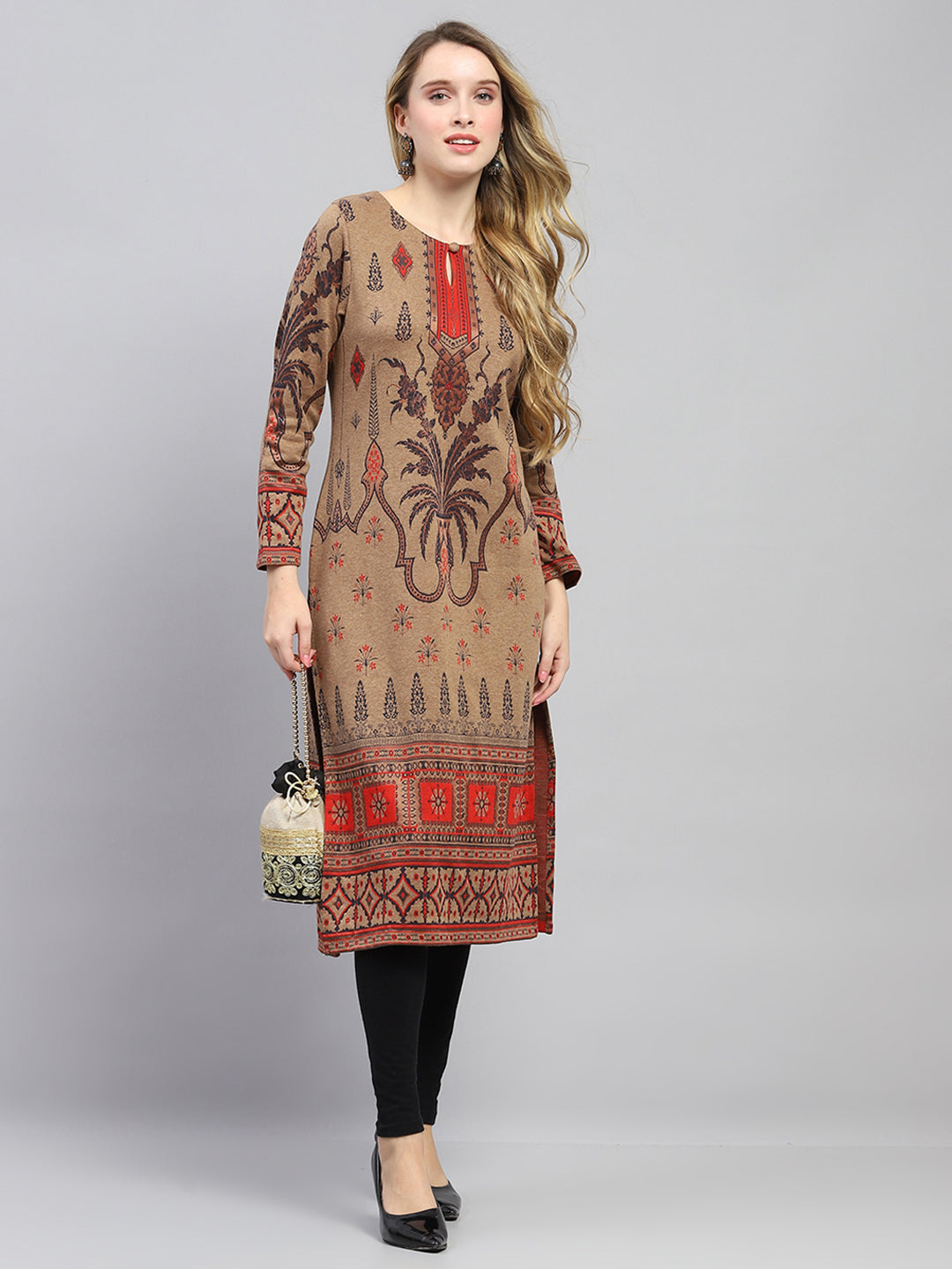 Women Camel Brown Self Design Round Neck Full Sleeve Winter Kurti