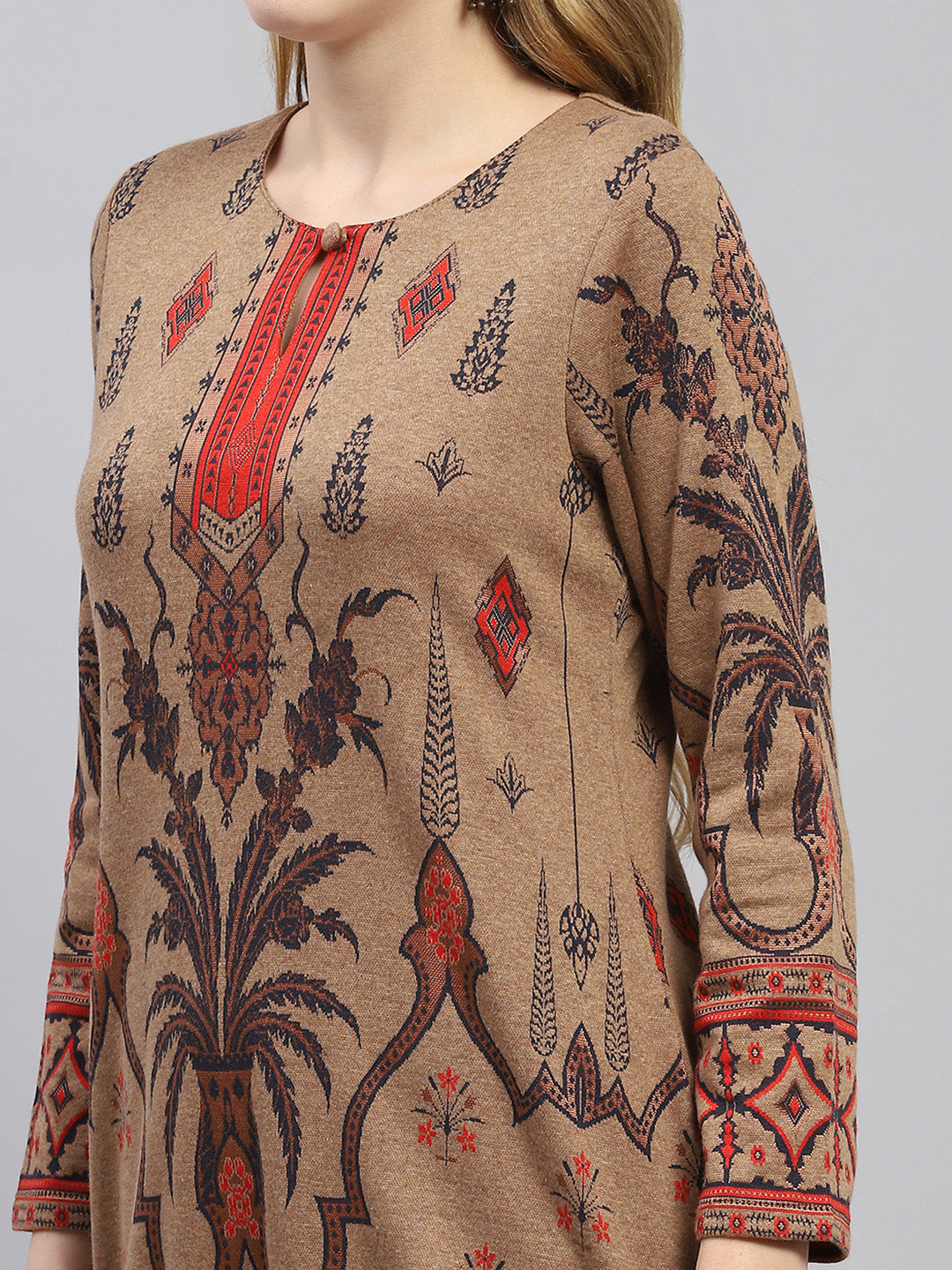 Women Camel Brown Self Design Round Neck Full Sleeve Winter Kurti