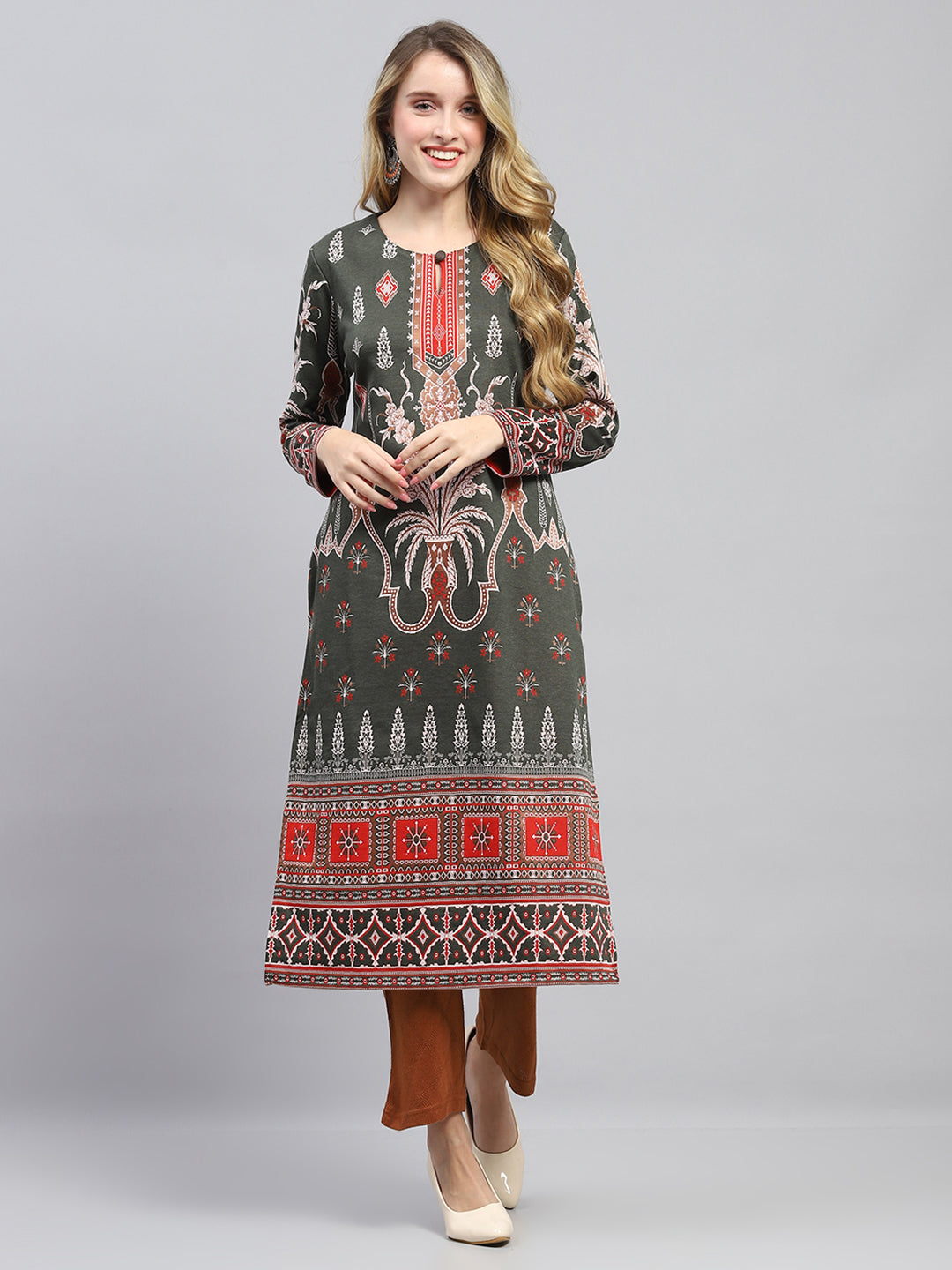 Women Olive Self Design Round Neck Full Sleeve Winter Kurti