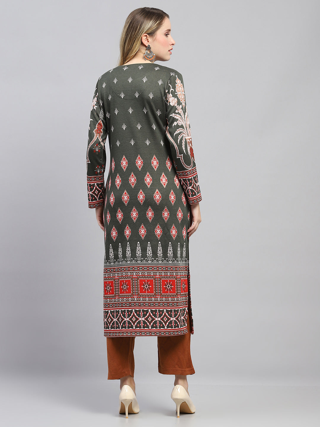 Women Olive Self Design Round Neck Full Sleeve Winter Kurti