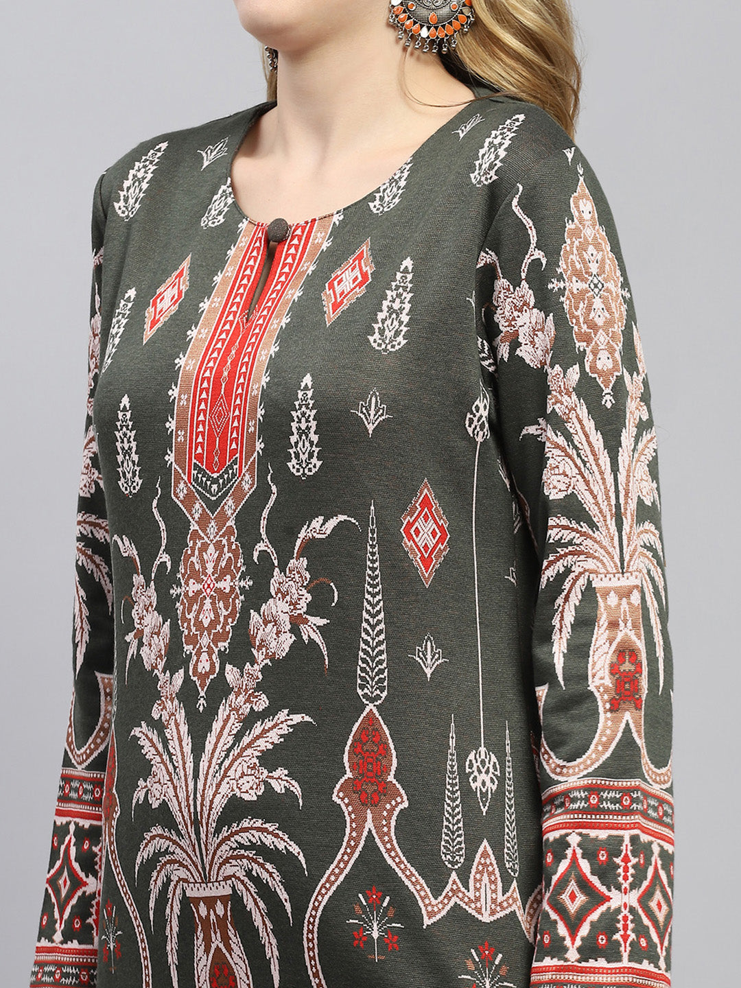 Women Olive Self Design Round Neck Full Sleeve Winter Kurti