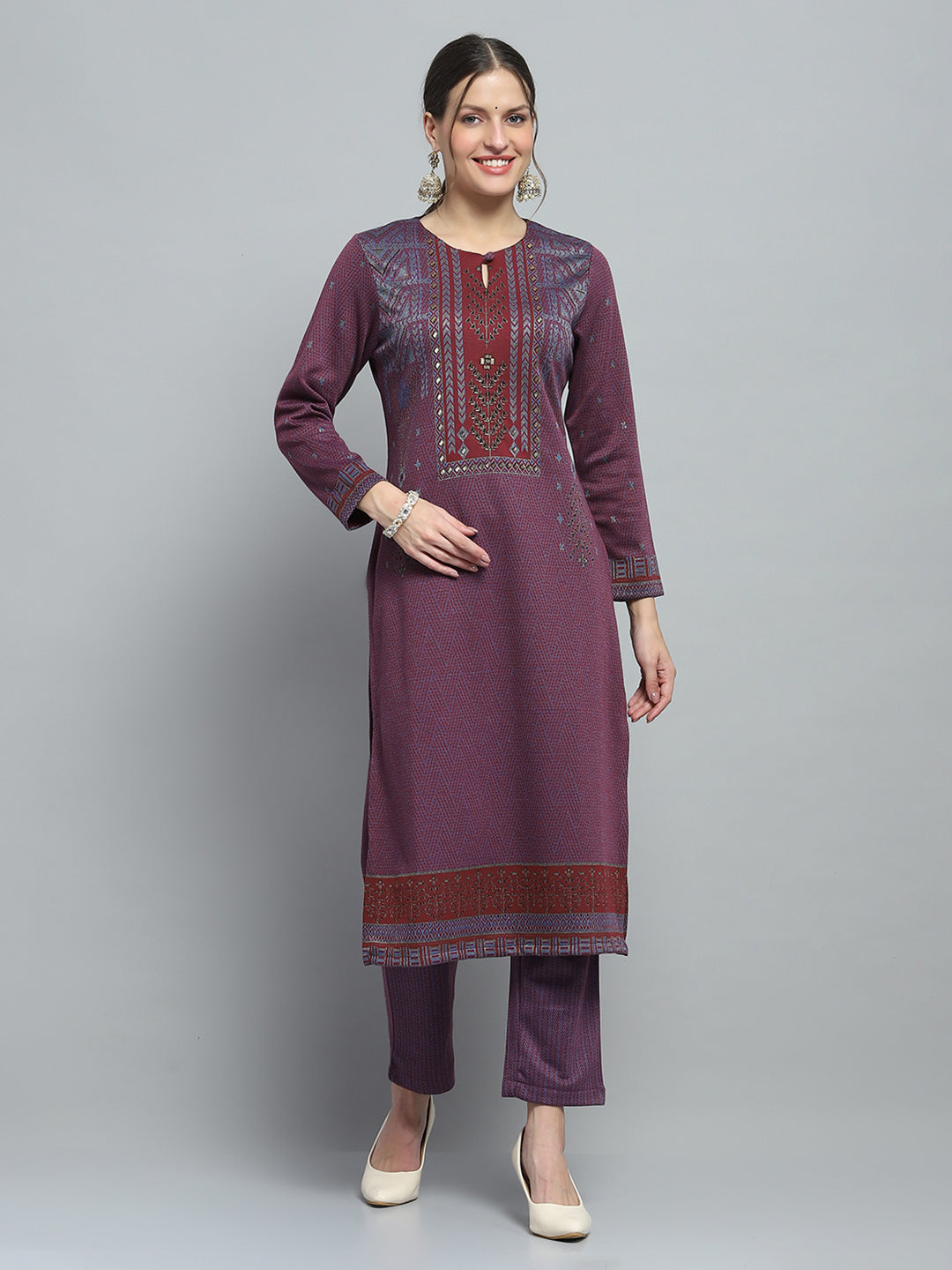 Women Purple Self Design Round Neck Full Sleeve Kurti Set for Winter