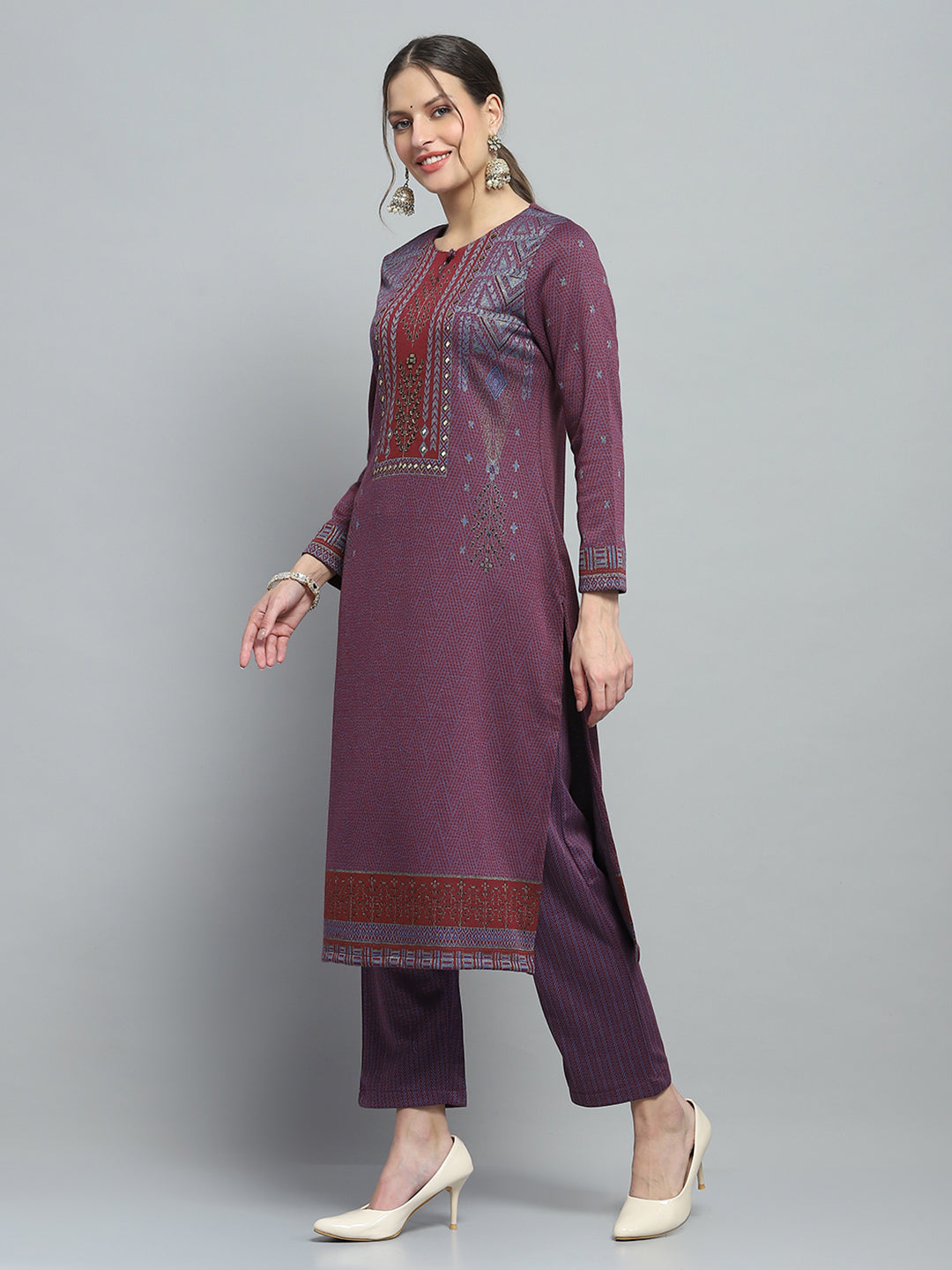 Women Purple Self Design Round Neck Full Sleeve Kurti Set for Winter