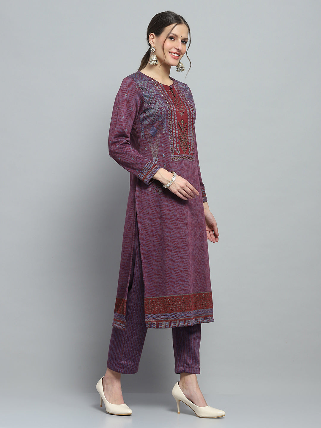 Women Purple Self Design Round Neck Full Sleeve Kurti Set for Winter