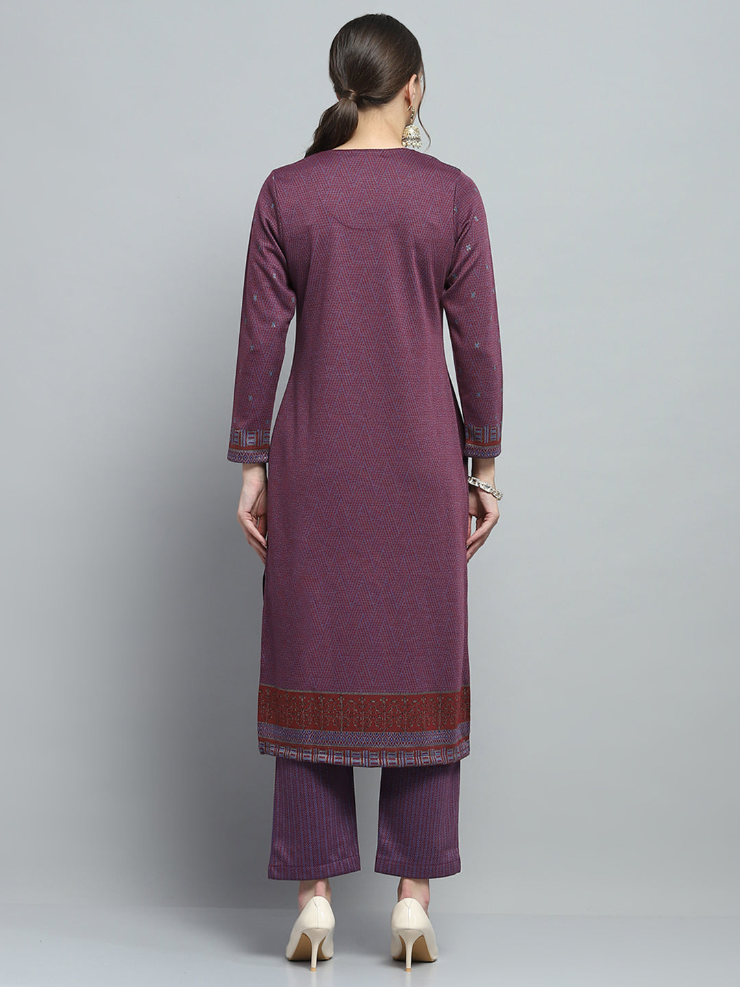 Women Purple Self Design Round Neck Full Sleeve Kurti Set for Winter