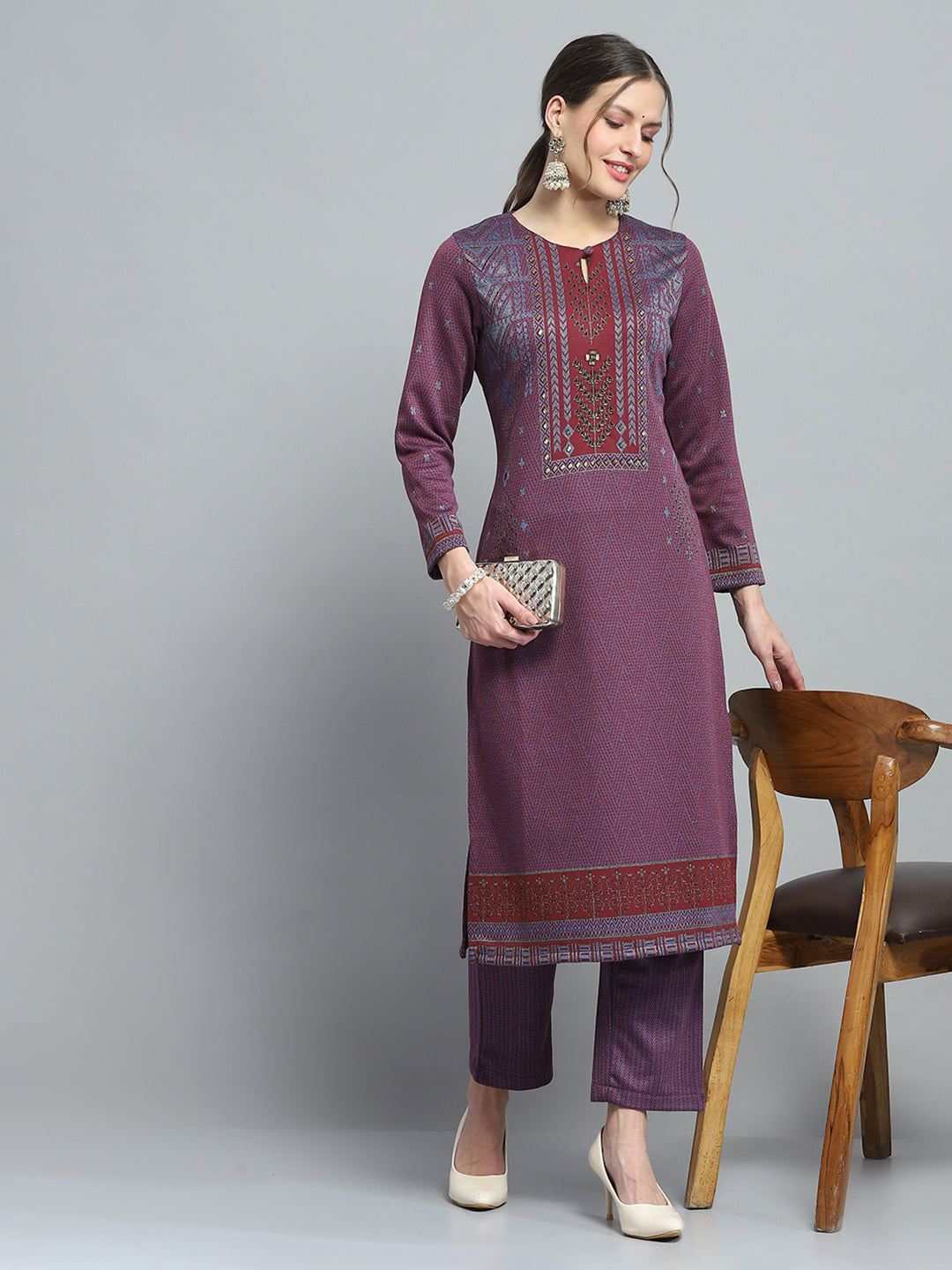 Women Purple Self Design Round Neck Full Sleeve Kurti Set for Winter