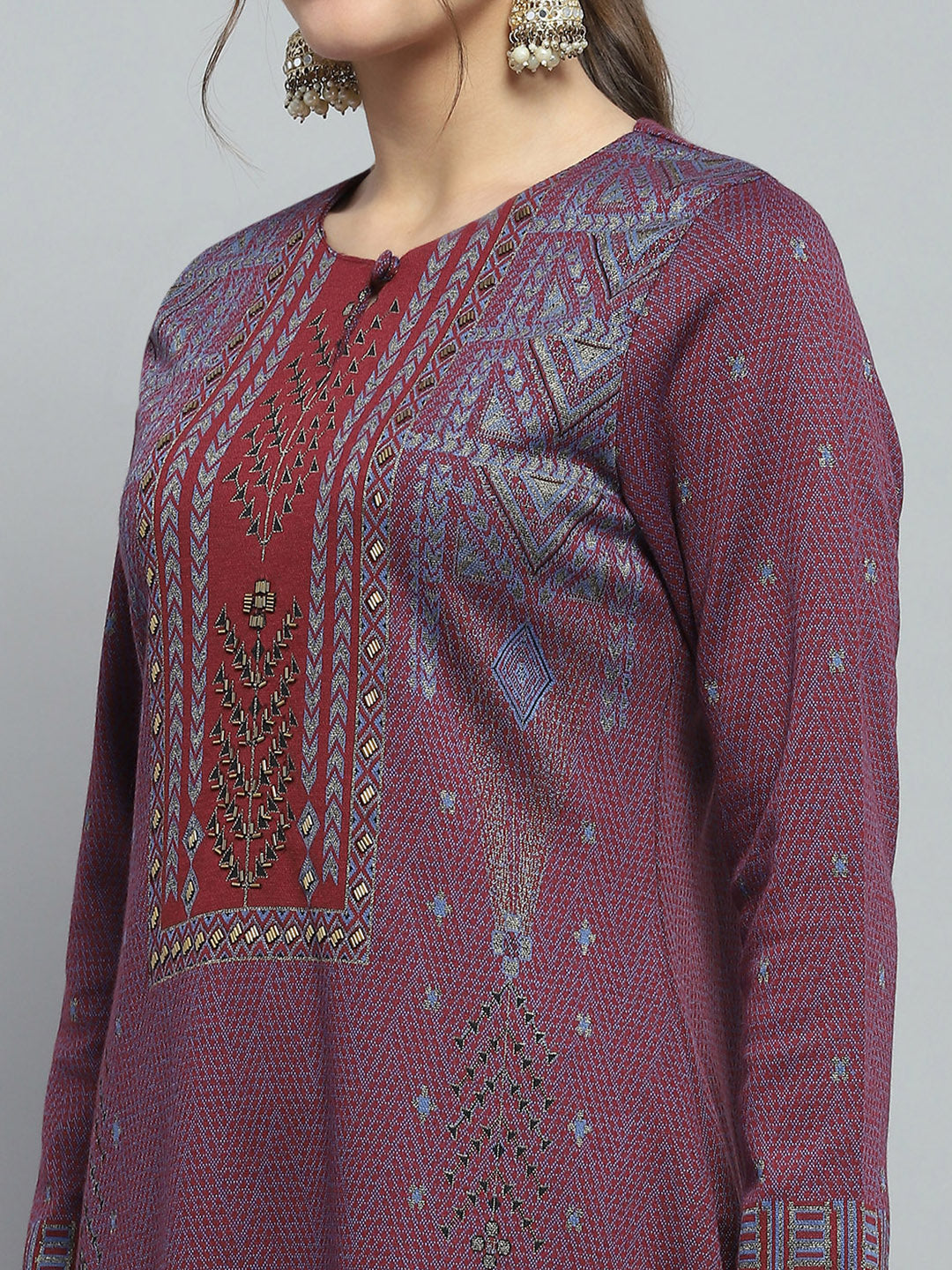 Women Purple Self Design Round Neck Full Sleeve Kurti Set for Winter