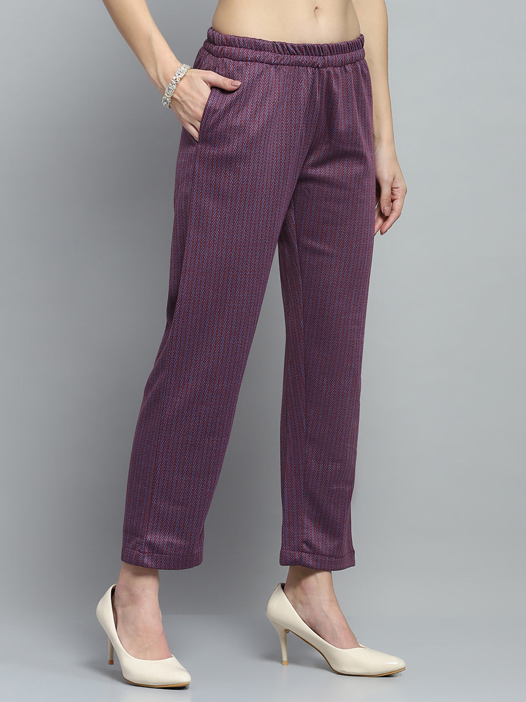 Women Purple Self Design Round Neck Full Sleeve Kurti Set for Winter