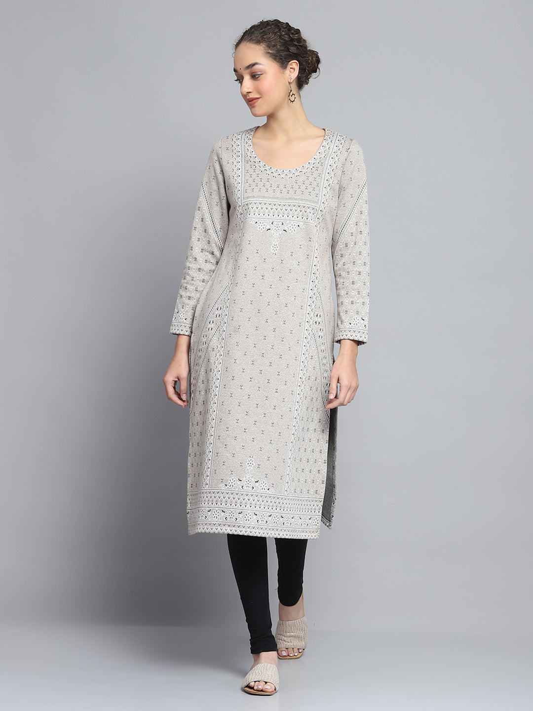 Women Beige Self Design Round Neck Full Sleeve Winter Kurti