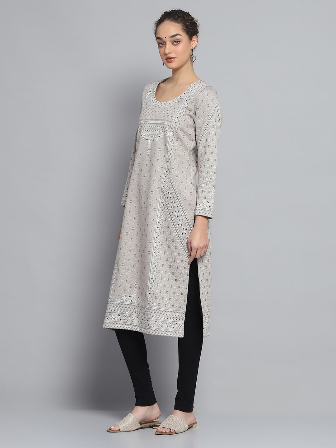 Women Beige Self Design Round Neck Full Sleeve Winter Kurti