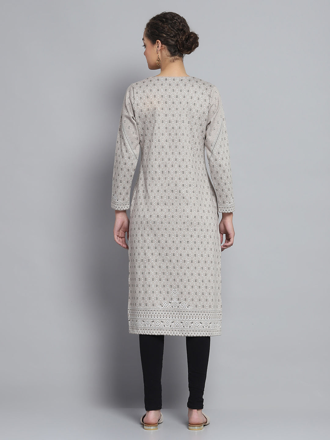 Women Beige Self Design Round Neck Full Sleeve Winter Kurti