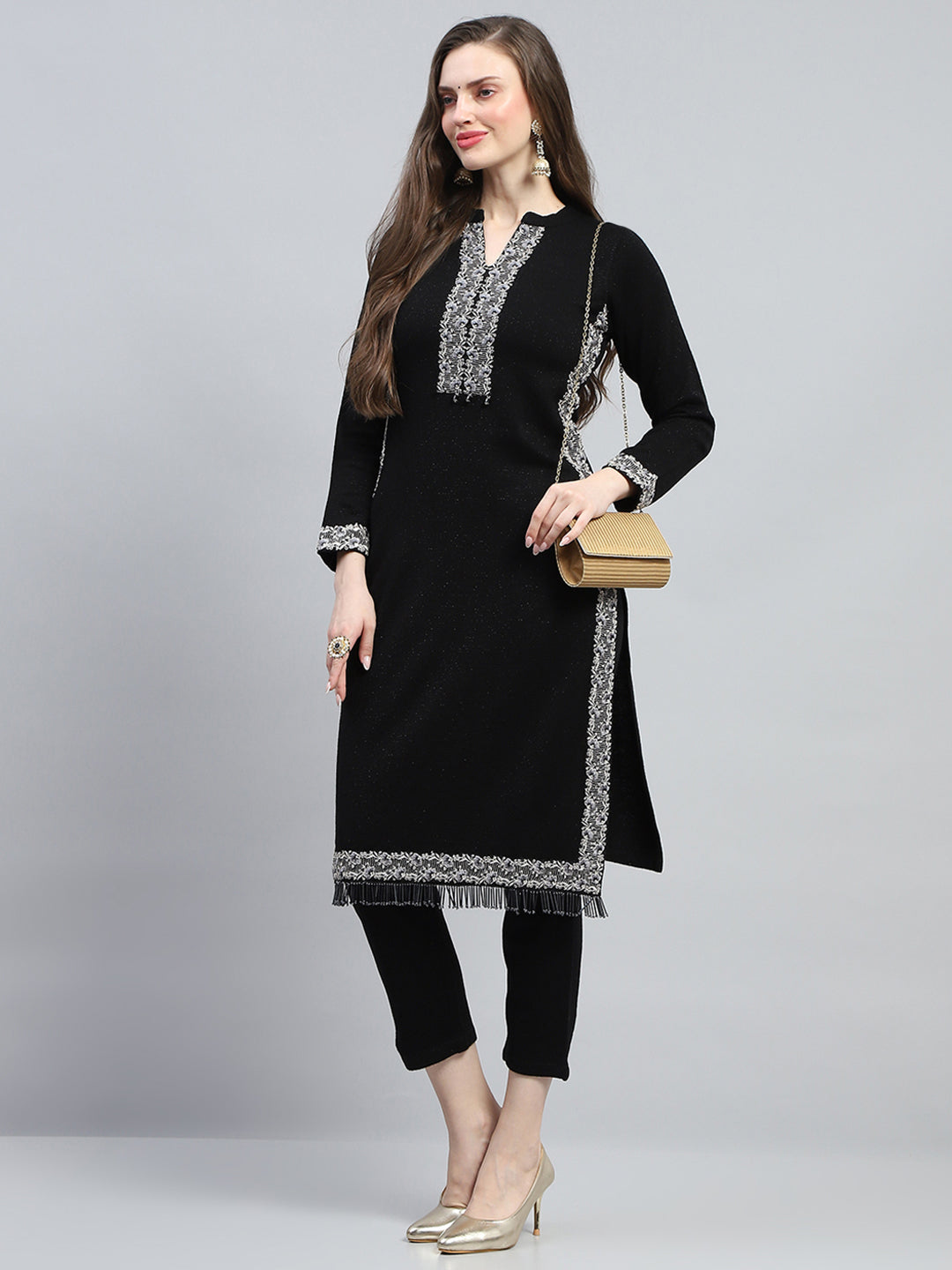 Women Black Embroidered Round Neck Full Sleeve Kurti Set for Winter
