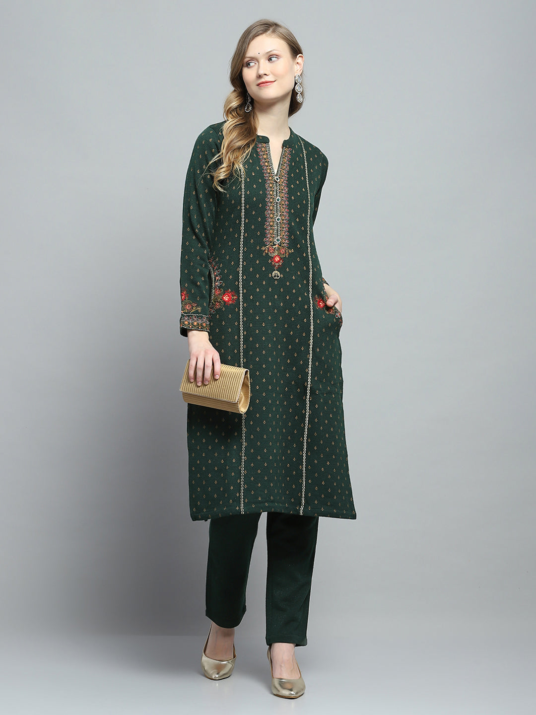 Women Green Self Design Round Neck Full Sleeve Kurti Set for Winter