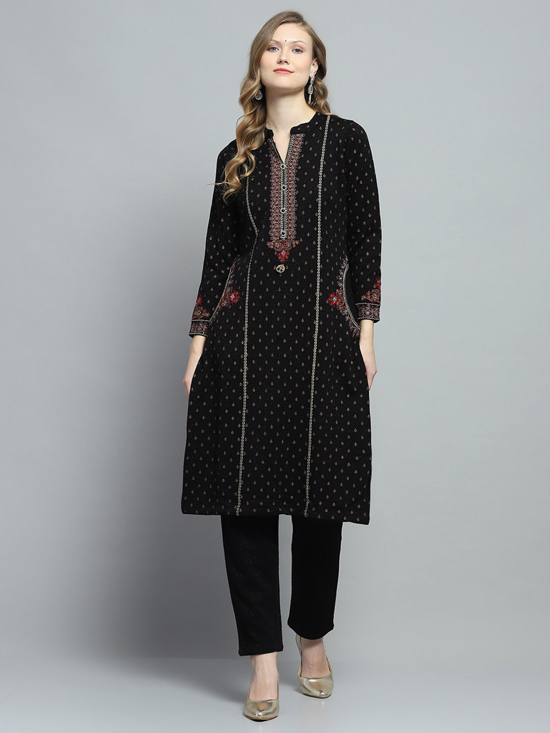 Women Black Self Design Round Neck Full Sleeve Kurti Set for Winter