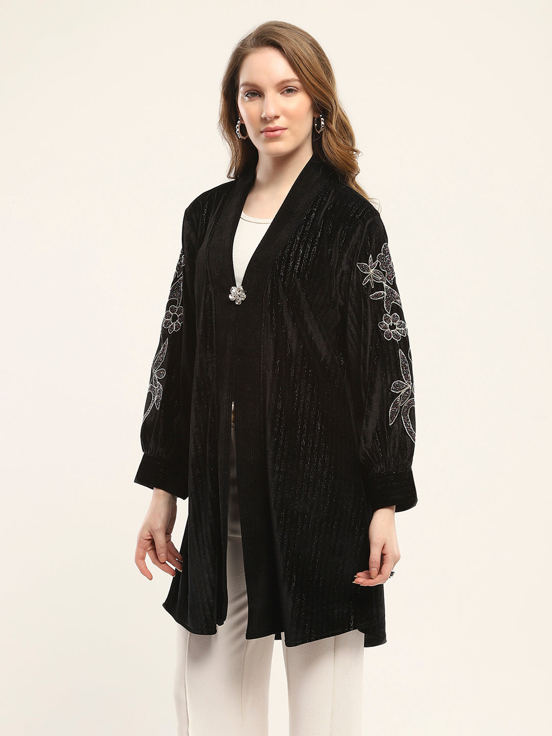 Women Black Self Design Front Open Full Sleeve Shrug